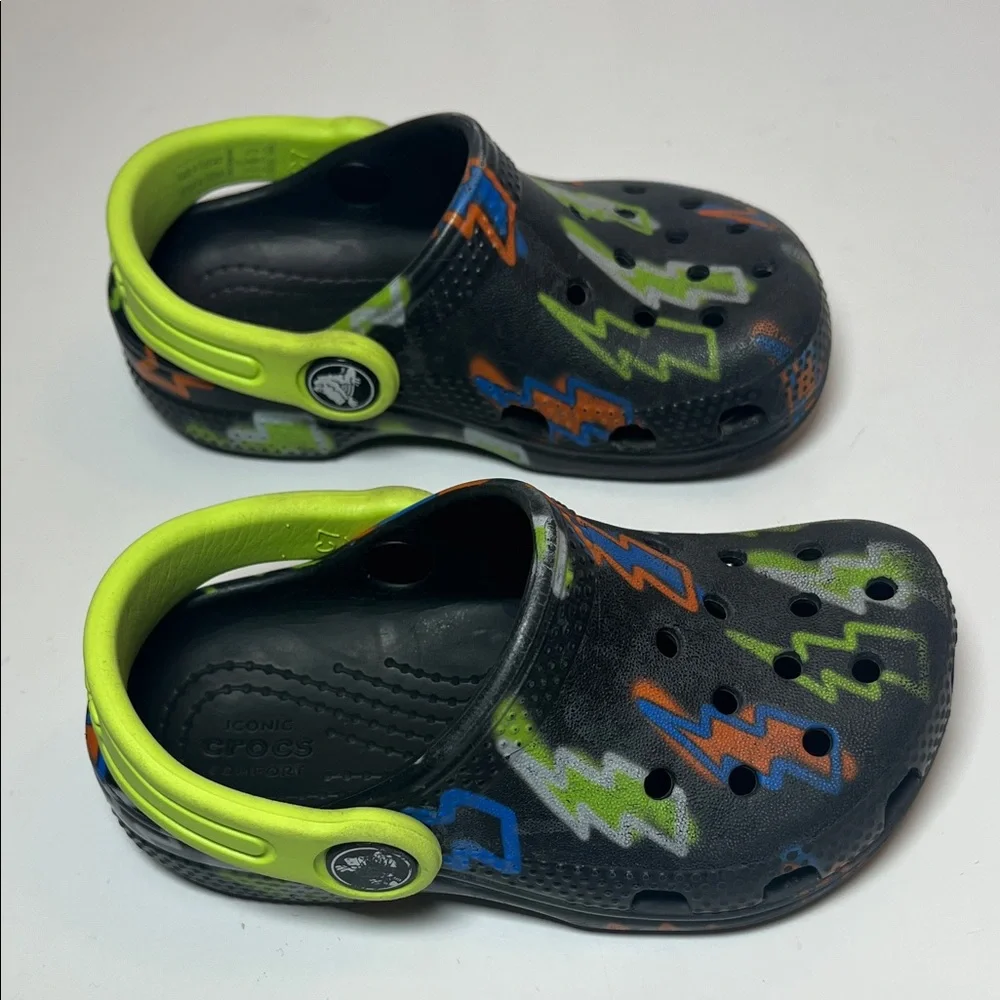 CROCS Kids size C 7 Black with Neon Green, Orange, Blue & lighting bolt design